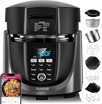 Nuwave Duet Air Fryer, Electric Pressure Cooker & Grill Combo, 540 IN 1 Multicooker with 3 Removable Lids, Slow Cook, Sautés, Dehydrator, 18/10 SS Pot, Sure-Lock Safety Tech & 13 Deluxe Accessories Nuwave Duet Air Fryer, Electric Pressure Cooker & Grill Combo, 540 IN 1 Multicooker with 3 Removable Lids, Slow Cook, Sautés, Dehydrator, 18/10 SS Pot, Sure-Lock Safety Tech & 13 Deluxe Accessories - Image 1