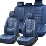 Coverado Car Seat Covers Full Set, Nappa Leather Seat Covers for Car, Waterproof Car Seat Protector with Lumbar Support, Automotive Seat Covers Universal Fit for Most Cars SUV Trucks (Blue)