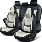 Car Seat Covers Full Set, Breathable Leather Automotive Front and Rear Seat Covers & Headrest, Universal Automotive Vehicle Seat Cover for Most Sedan SUV Pick-up Trucks, Black&Beige