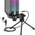 FIFINE Gaming USB Microphone for PC PS5, Condenser Mic with Quick Mute, RGB Indicator, Tripod Stand, Pop Filter, Shock Mount, Gain Control for Streaming Discord Twitch Podcasts Videos- AmpliGame
