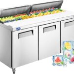 72" W 3 Door Commercial Refrigerator Sandwich Salad Prep Table Stainless Steel Fan Cooling Refrigerator with Cutting Board, 3 Shelves & 30 Pans for Restaurant, Bar, Shop-20 Cu.ft
