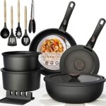 Astercook 21 Pcs Pots and Pans Set Non Stick, Ceramic Cookware Set Detachable Handle, RV Kitchen Cooking Set Removable Handles, Oven Safe, Induction Ready, Stackable, Black, Fathers Day Gift for Men