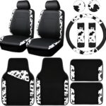 CAR-PASS Cow Print Car Accessories Sets Faux Leather Car Seat Covers & Cow Car Mats & Cow Steering Wheel Cover Seat Belt Pads Universal fit for SUV,Van,Saden,Truck Cute Automobile Interior Sets Women