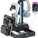 KDD Headphone Stand with USB A&C Charger Ports - RGB Controller Stand with Detachable Hooks - Rotatable Headset Hanger & Device Slot for Phones/Tablets - Drawer Storage Base for Gaming Desk Organizer
