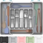 ukeetap Extra Large Expandable Silverware Organizer, BPA-Free Food-Safe Cutlery Flatware Organizer, Kitchen Utensil Drawer Organizer, Adjustable Silverware Holder for Spoons Forks Knives, Gray