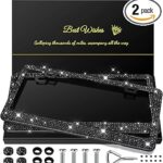 QUANQIUFEI 2 Pack Bling License Plate Frames for Women, Sparkly Rhinestone Diamond Car Accessories with Glitter Crystal Caps (Black)