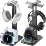 Gaming Headset & Controller Stand, Rotating Headphone Storage with Controller & Phone Holder, Game Desk Storage with Cable Organizer for PS5/PS4/XBOX PC Gamer Essentials Organizer Gift Accessories