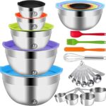 WEPSEN Mixing Bowls with Lid Set, 25PCS Kitchen Utensils Metal Bowl Stainless Steel Nesting Bowls, Measuring Cups and Spoons, Egg Whisk for Baking Prepping Cooking Serving Supplies