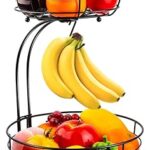 Auledio Iron 2-Tier Countertop Fruit Vegetables Basket Bowl Storage With Banana Hanger, Black, 64 ounces