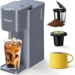Tastyle Mini Hot and Iced Coffee Maker Single Serve, for K Cup and Ground, 6 to 14 Oz Brew Sizes, with Recipe Book, for Home, Travel, RV, Office and Dorm, Elegant Gray