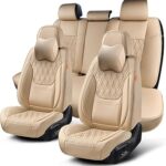 Car Seat Covers Full Set, Breathable Leather Automotive Front and Rear Seat Covers & Headrest, Universal Automotive Vehicle Seat Cover for Most Sedan SUV Pick-up Trucks, Beige