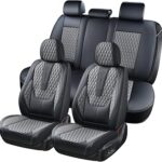 Coverado Car Seat Covers Full Set, Nappa Leather Seat Covers for Car, Waterproof Car Seat Protector with Lumbar Support, Automotive Seat Covers Universal Fit for Most Cars SUV Trucks (Black&Gray)